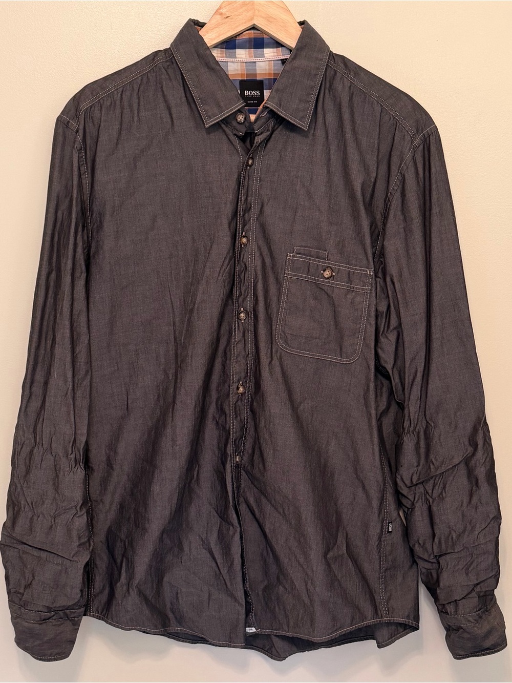 BOSS Slim Fit Gray Button Down Plaid Lining Size Large